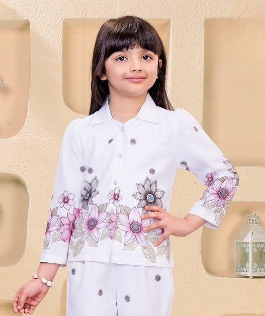 Pearl White Floral Jacket Pant Co-ord Set | Casual Wear Kids Outfit for Girls