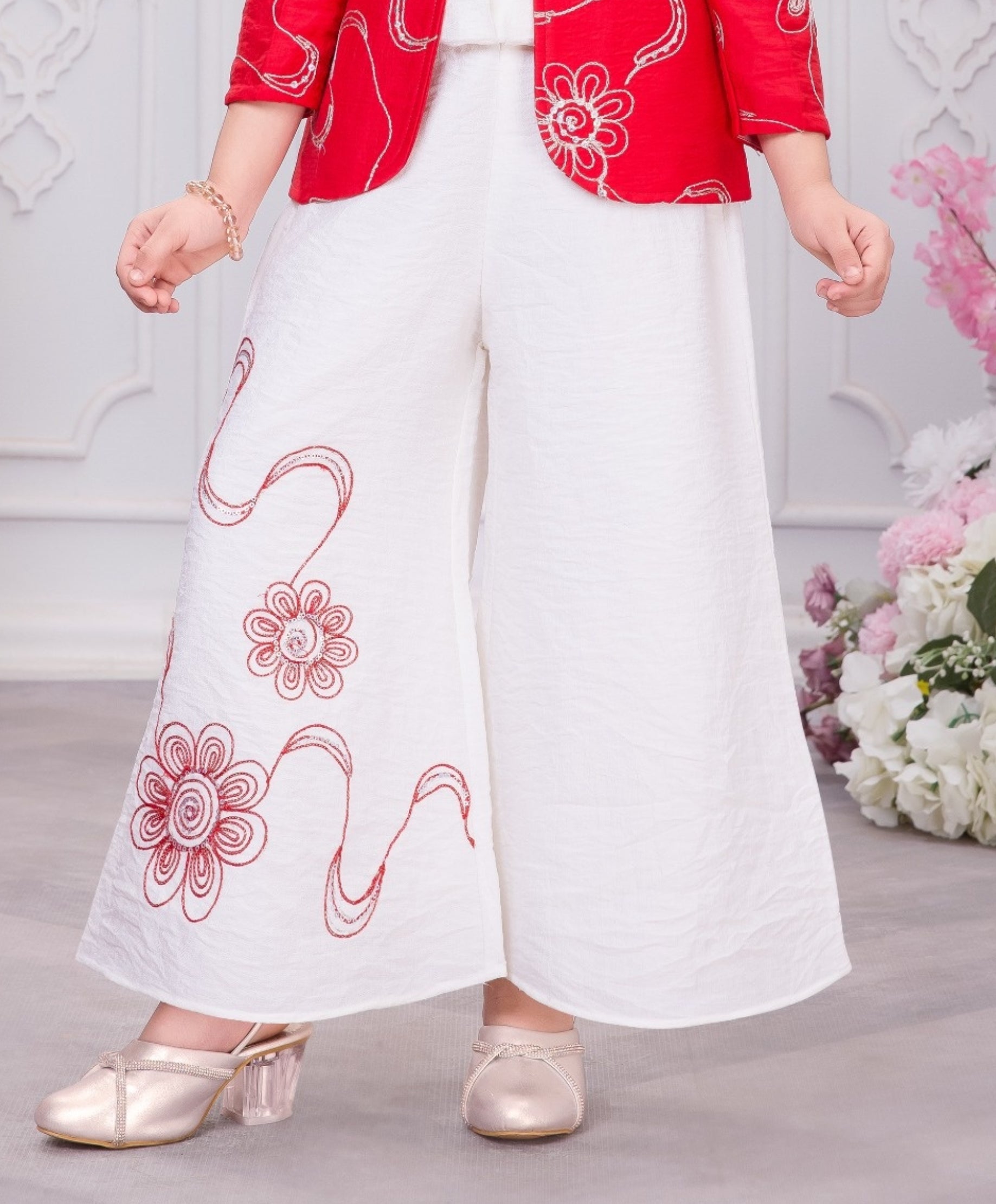 Red Embroidered Jacket Co-Ord Set with Ivory Top & Palazzo | Party Wear Outfit for Girls