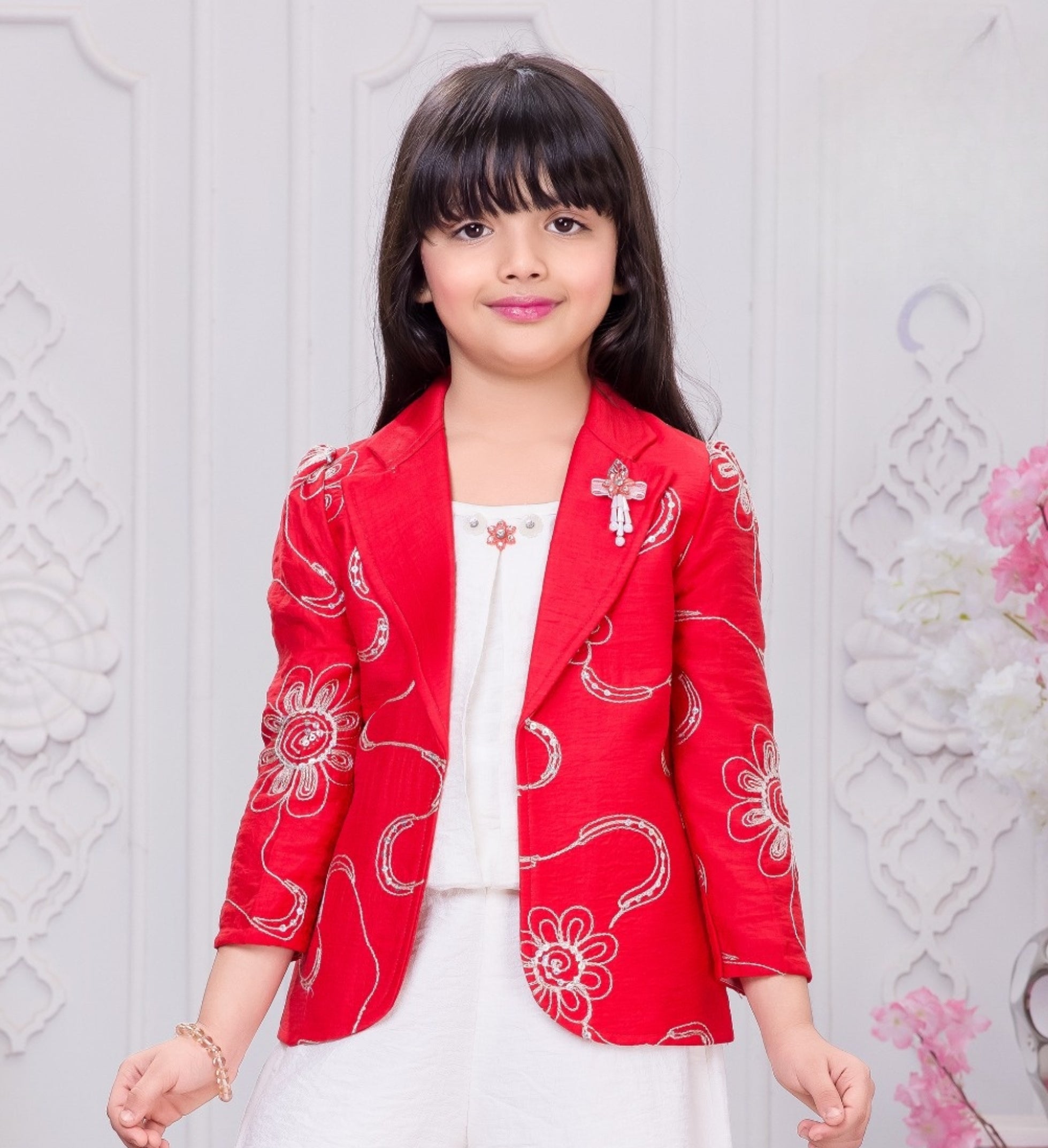 Red Embroidered Jacket Co-Ord Set with Ivory Top & Palazzo | Party Wear Outfit for Girls
