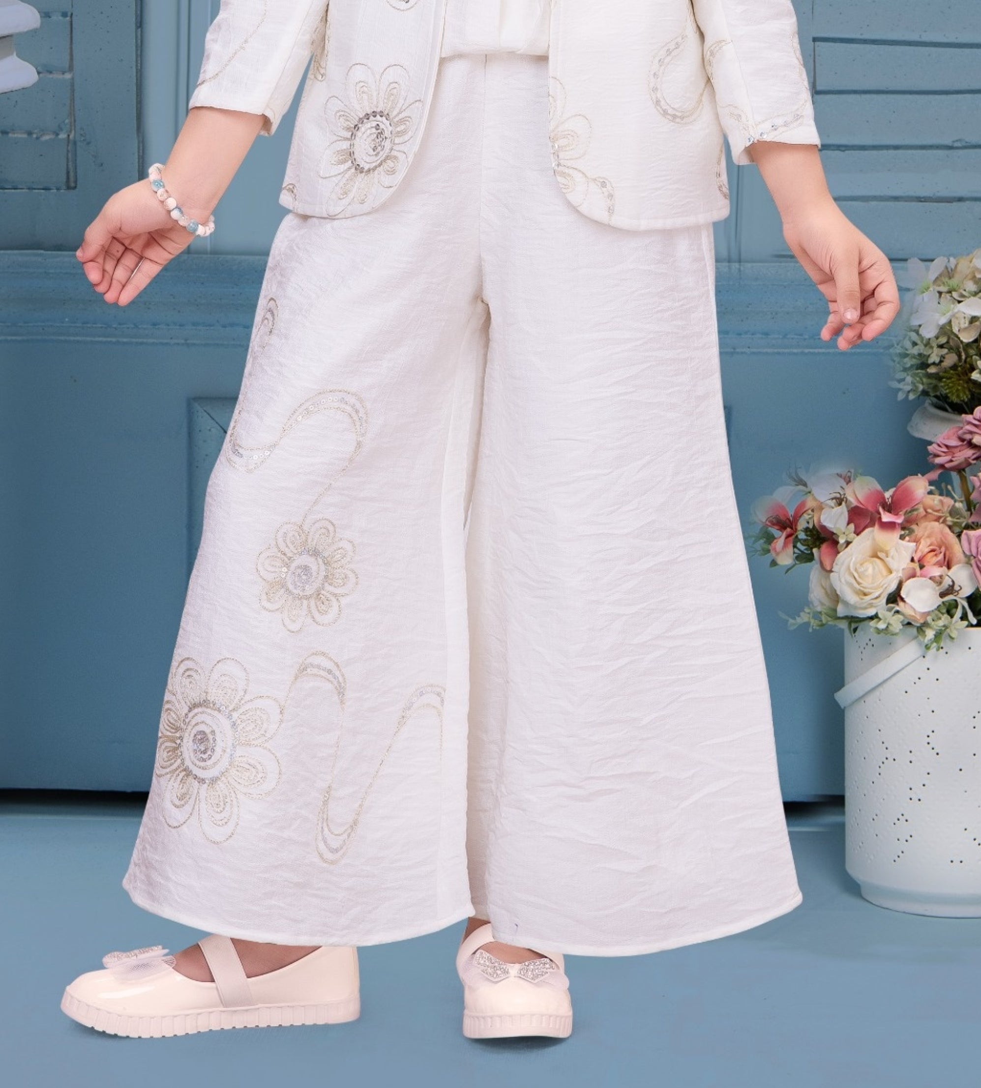 White Embroidered Jacket Co-Ord Set with Top & Palazzo | Kids Party Wear Outfit for Girls