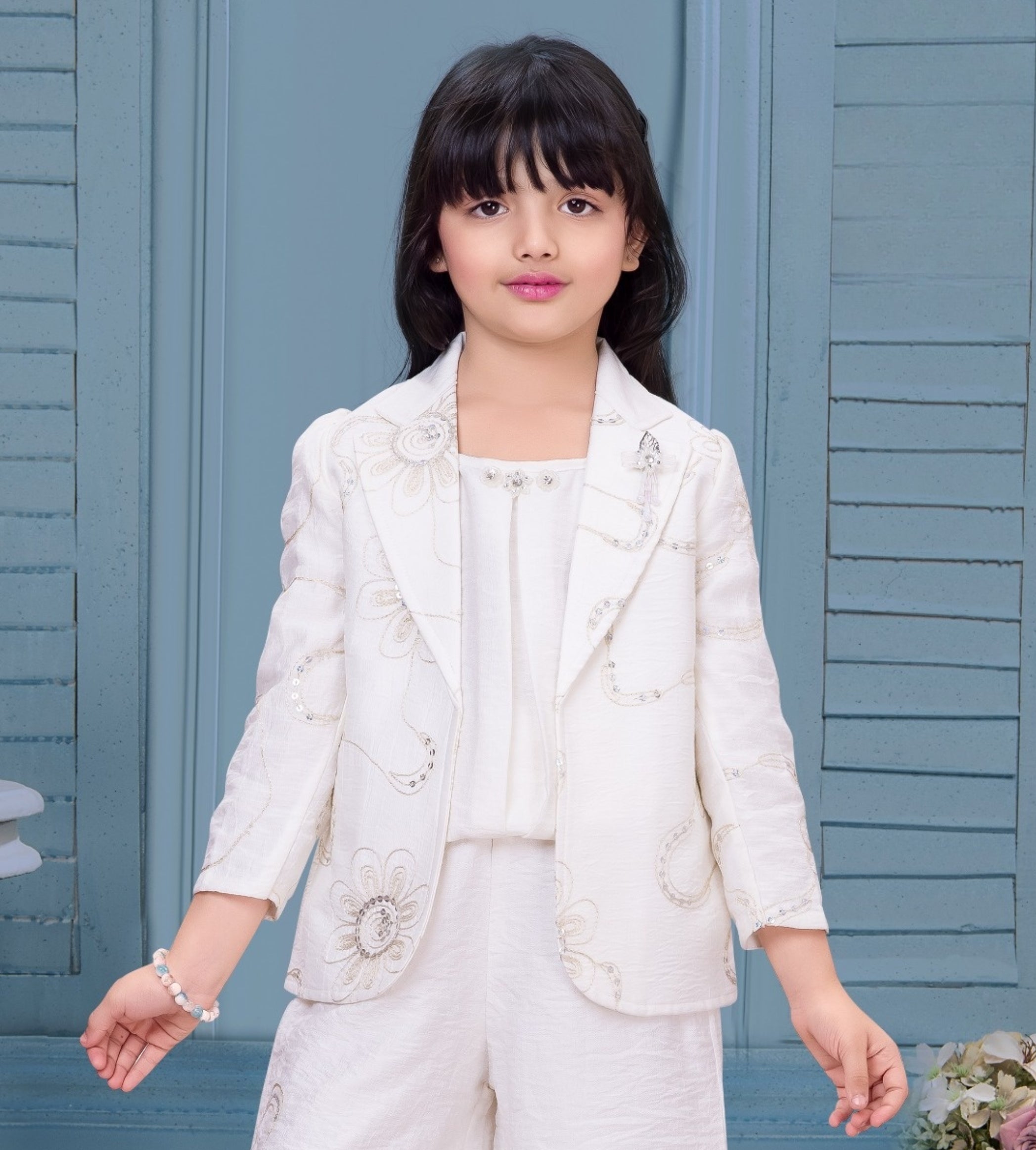 White Embroidered Jacket Co-Ord Set with Top & Palazzo | Kids Party Wear Outfit for Girls