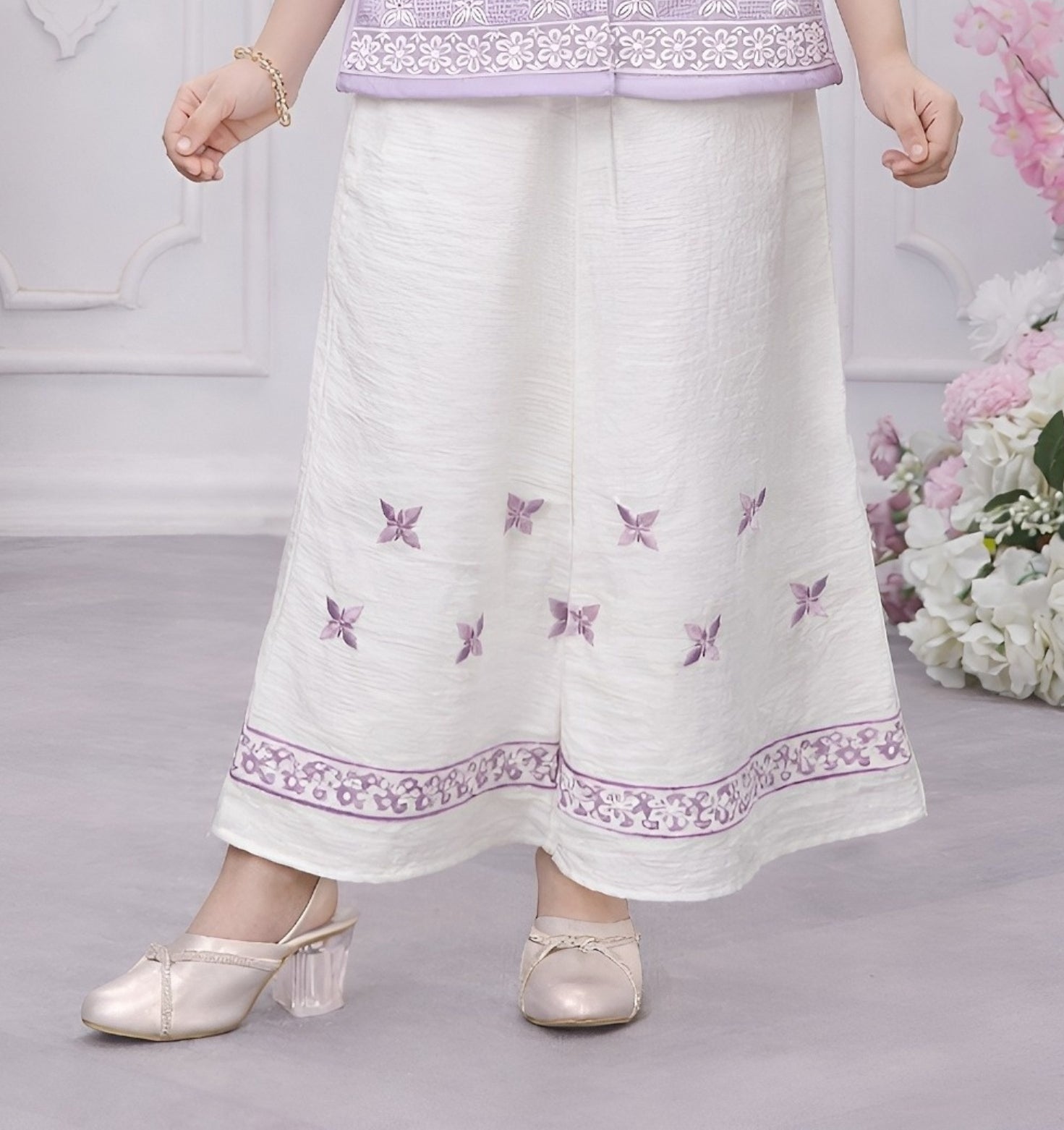 Purple Embroidered Kurta with Ivory Palazzo Set | Kids Western Wear Outfit for Girls