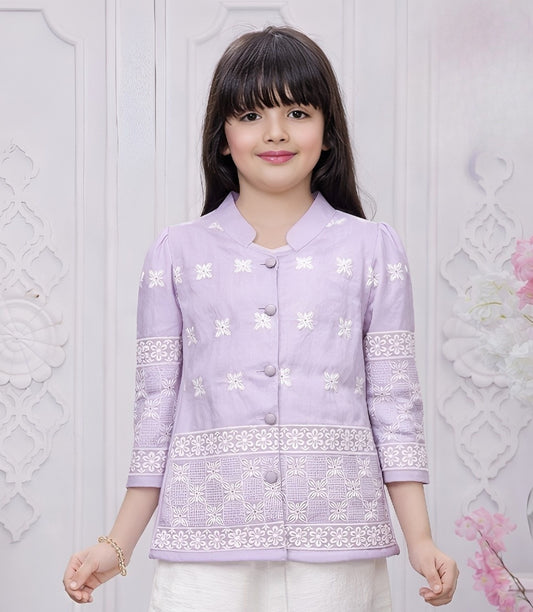 Purple Embroidered Kurta with Ivory Palazzo Set | Kids Western Wear Outfit for Girls