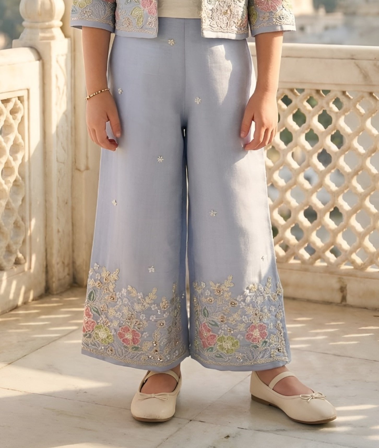 Blue Embroidered Jacket Co-Ord Set with Top & Palazzo | Kids Western Wear Outfit for Girls