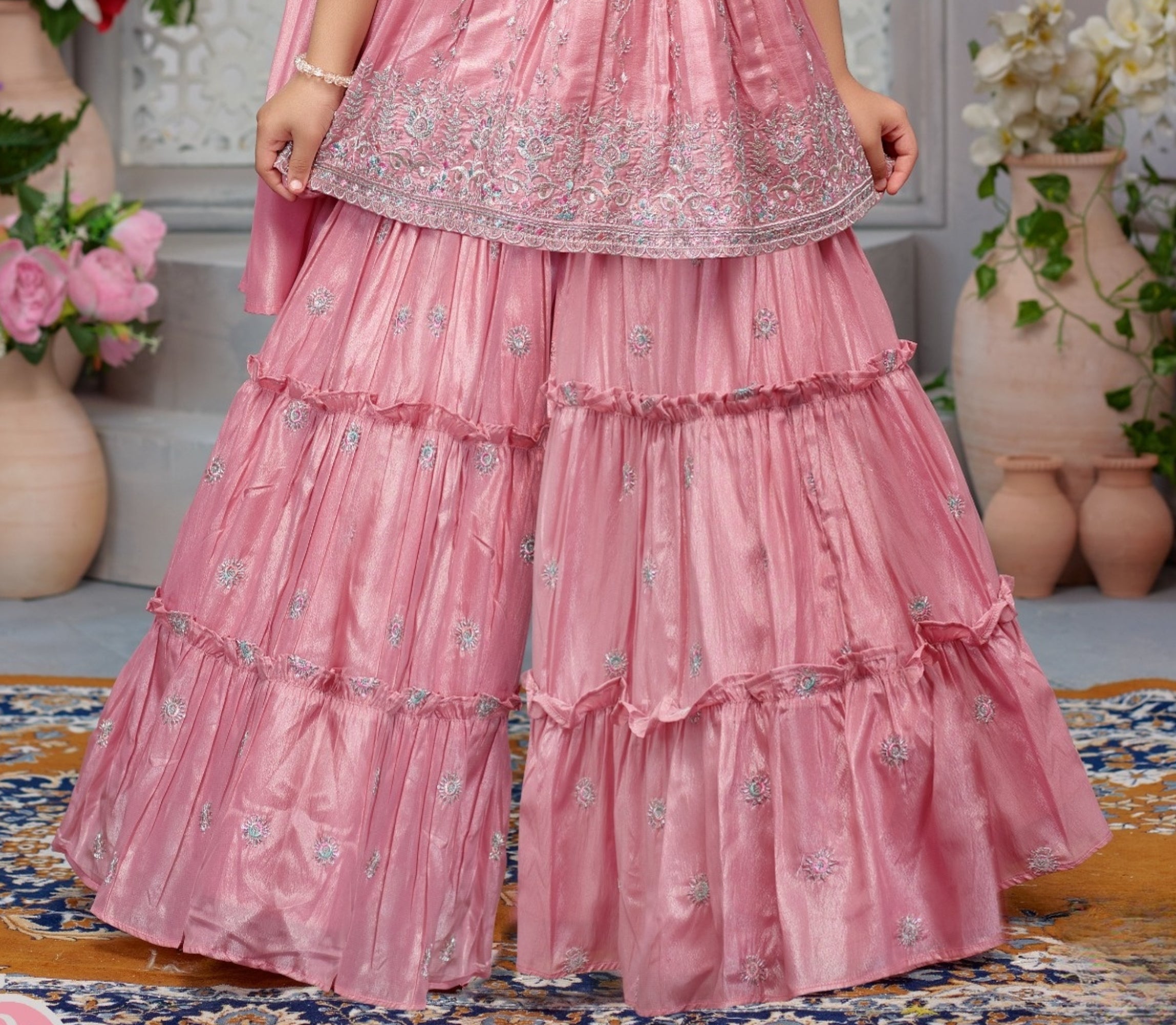 Blush Pink Tiered Ruffle Sharara with Embroidered Peplum Top Set | Kids Ethnic Outfit for Girls