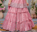 Blush Pink Tiered Ruffle Sharara with Embroidered Peplum Top Set | Kids Ethnic Outfit for Girls