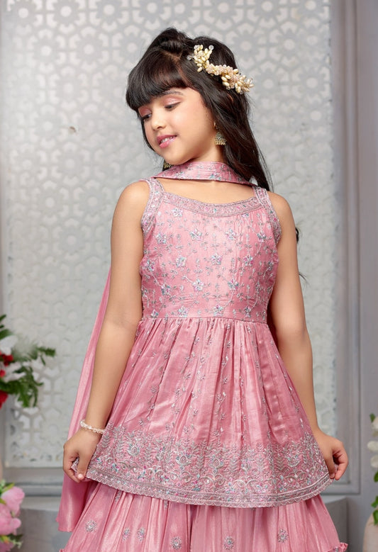Blush Pink Tiered Ruffle Sharara with Embroidered Peplum Top Set | Kids Ethnic Outfit for Girls