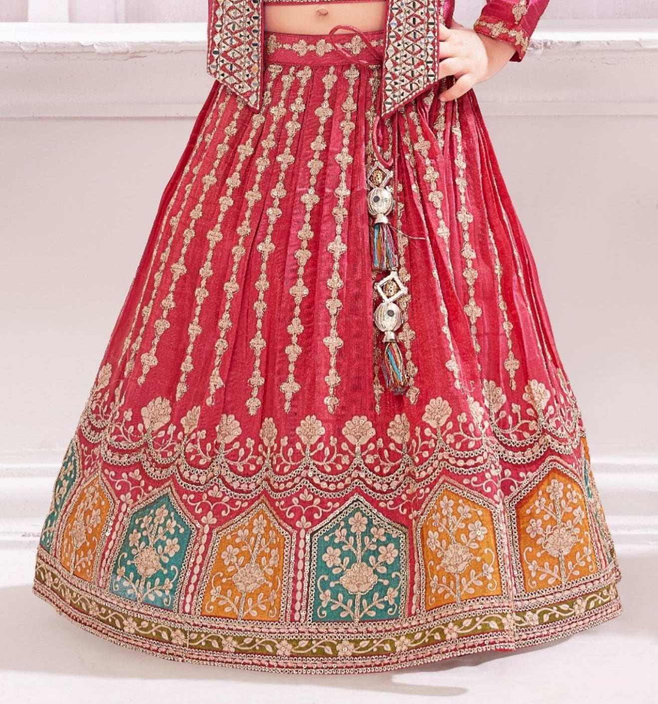 Rani Pink with Multi-Colors Embroidered Jacket Lehenga Set