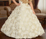 Ivory Gold 3D Floral Couture Ball Gown with Statement Bow | Party Wear Dress for Girls