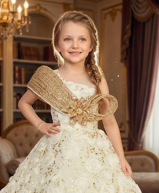 Ivory Gold 3D Floral Couture Ball Gown with Statement Bow | Party Wear Dress for Girls