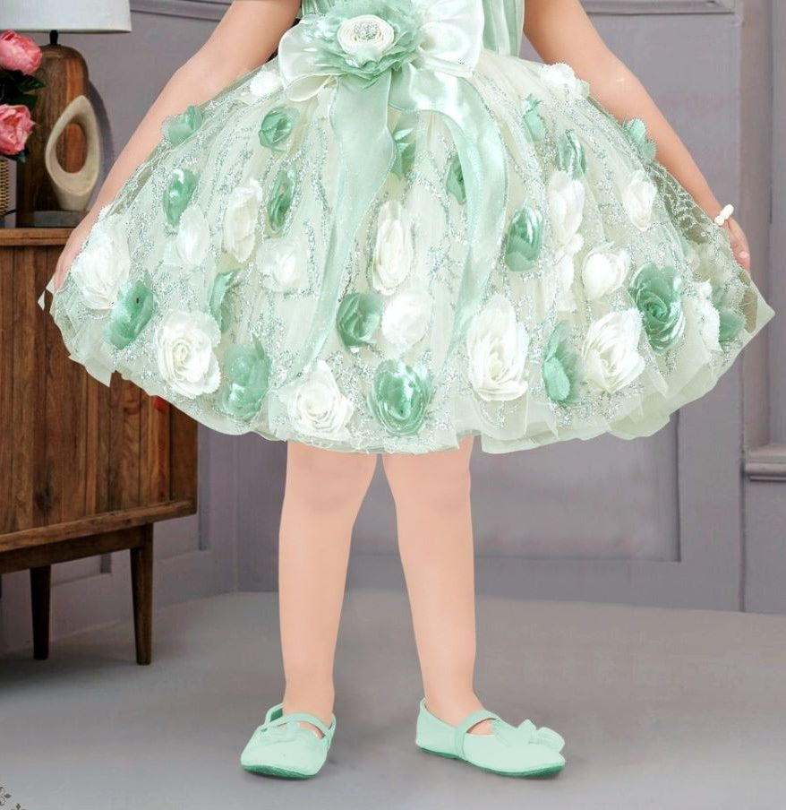 Pistachio Green - Mint Petal 3D Floral Short Frock