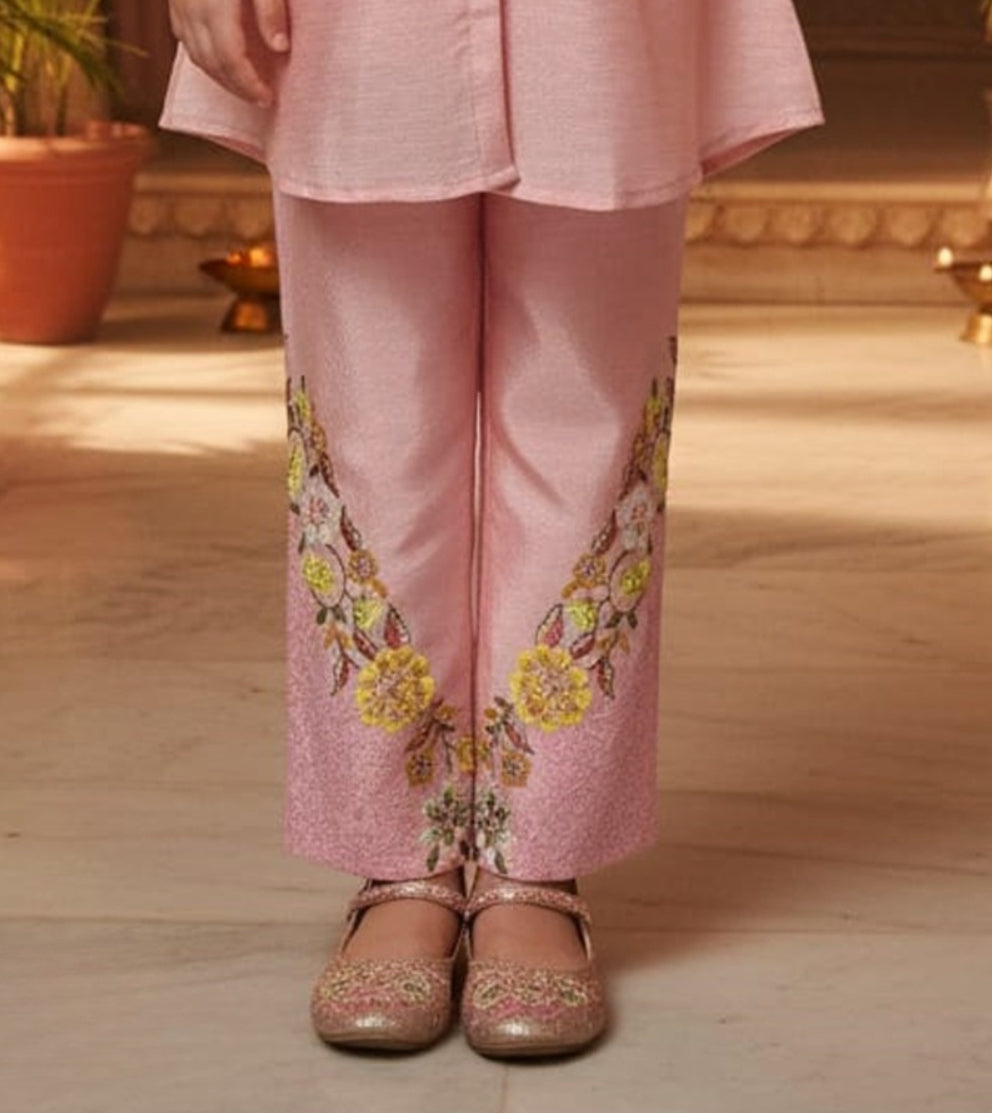 Blush Pink Floral Embroidered Kurti Pant Set