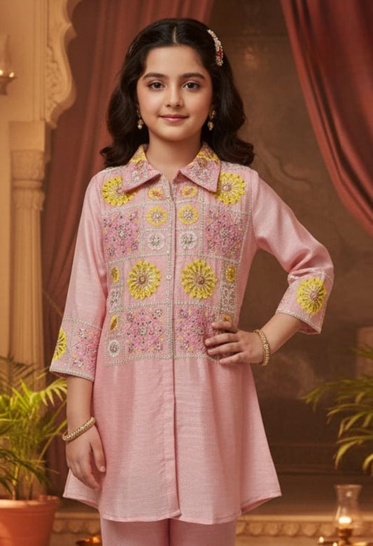 Blush Pink Floral Embroidered Kurti Pant Set