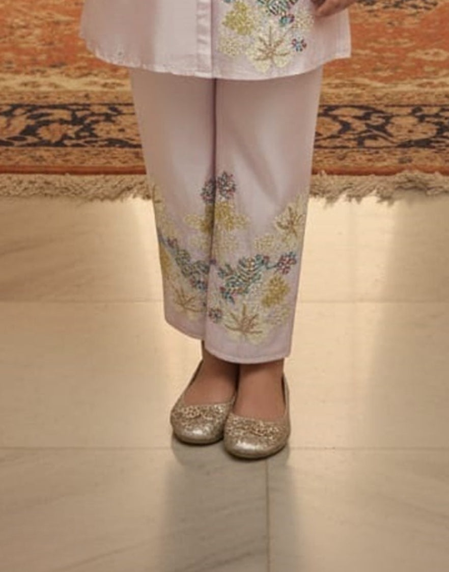 Soft Cream Floral Embroidered Kurti Pant Set