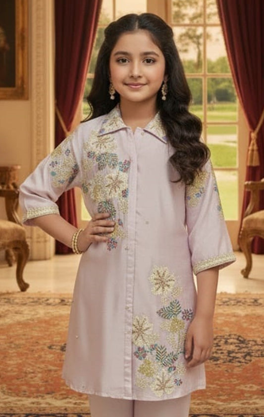 Soft Cream Floral Embroidered Kurti Pant Set