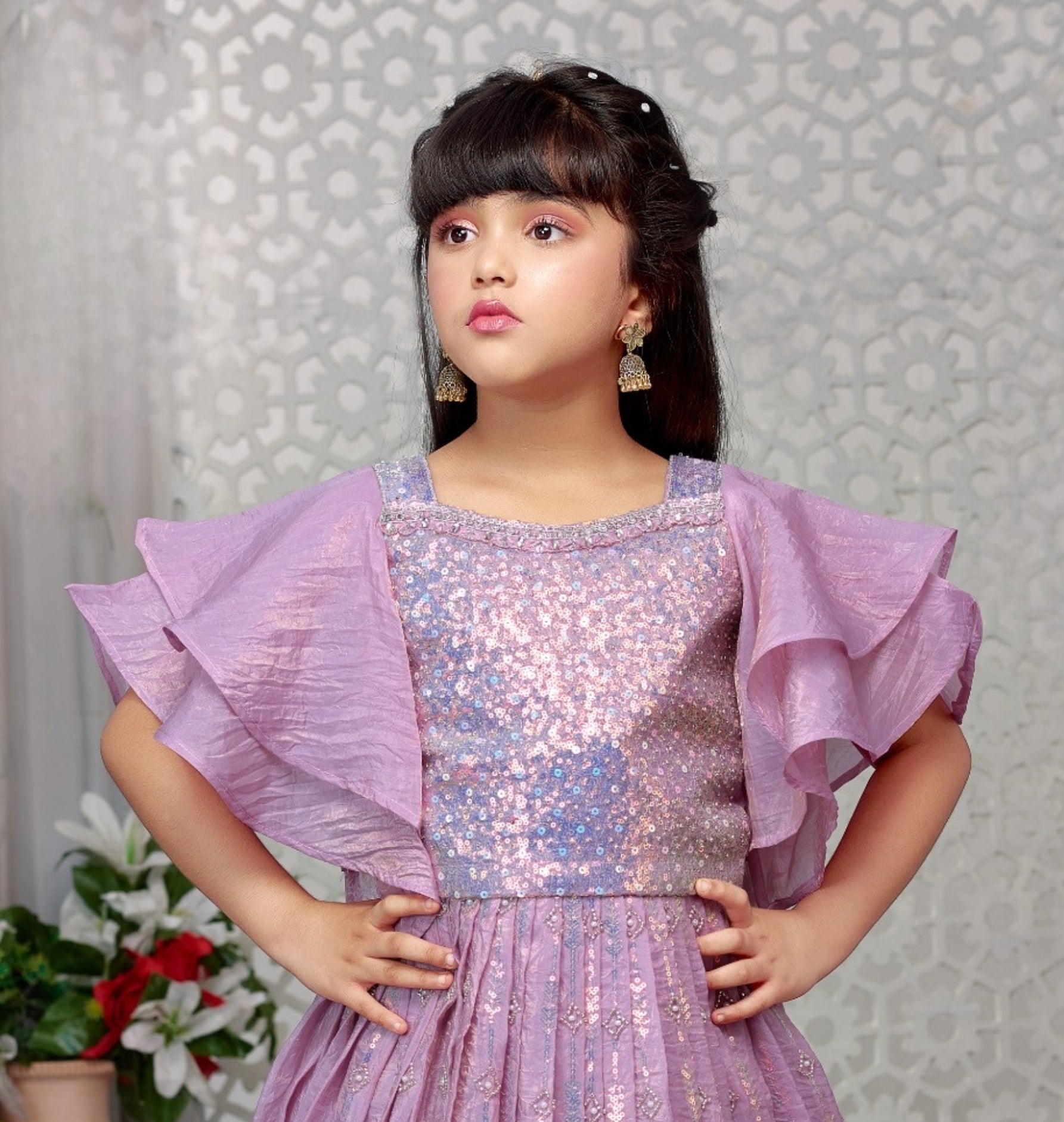 Purple Sequin Glow Layered Lehenga with Ruffle Sleeves