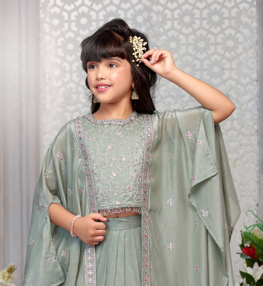 Green Embroidered Cape Style Lehenga Set