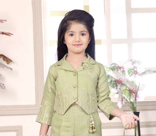 Sage Green Embroidered Jacket Palazzo Set |  Party Wear Kids Outfit for Girls