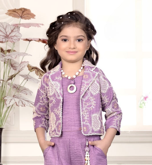 Royal Purple Embroidered Jacket Palazzo Set |  Party Wear Kids Outfit for Girls