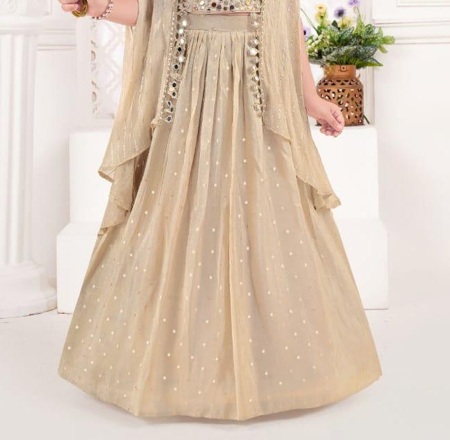 Champagne Gold Embellished Layered Anarkali Gown with Sheer Dupatta | Ethnic Wear For Girls