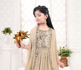 Champagne Gold Embellished Layered Anarkali Gown with Sheer Dupatta | Ethnic Wear For Girls