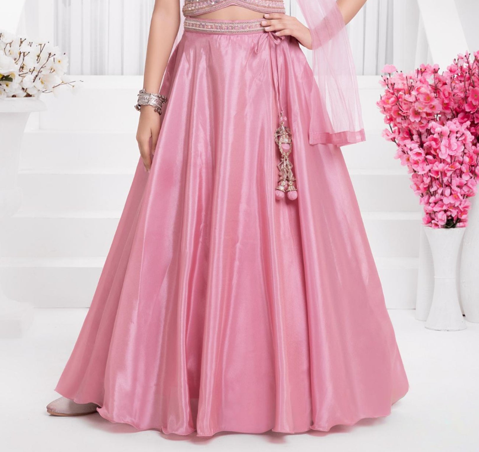 Blush Pink Embroidered Crop Top & Flared Lehenga Set with Dupatta | Ethnic Wear For Girls