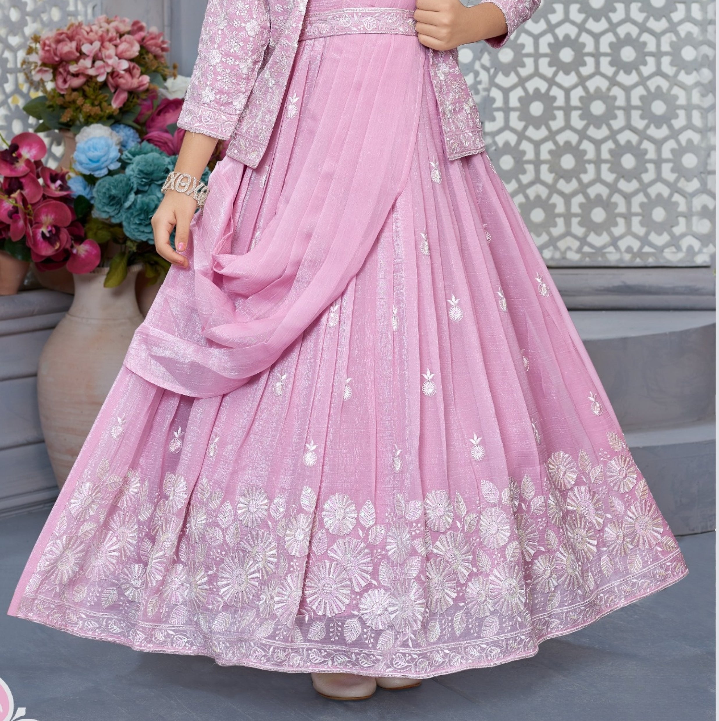 Pink Blossom Sequinned Embroidered Long Gown with Jacket