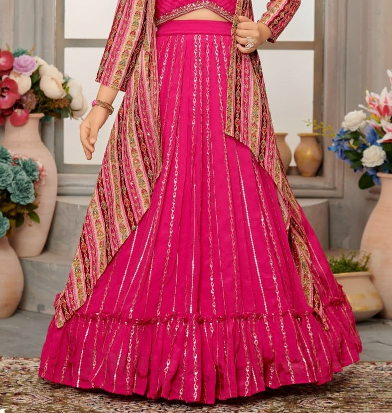 Rani Pink Royale Printed Jacket Lehenga Set |  Kids Ethnic Wear for Girls