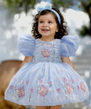 Baby Blue Butterfly Sequin Embroidered Puffy Short Frock
