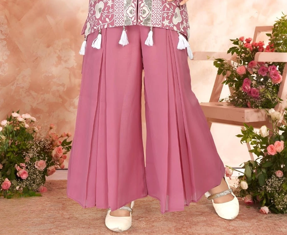 Pink Rose Printed Palazzo Set with High Neck Tassel Kurti