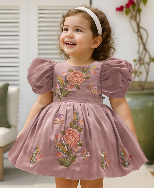 Dusty Mauve Hand Embroidered Floral Puff Short Frock