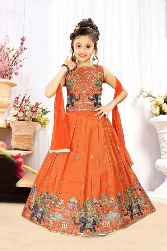 Orange Elephant Embroidered Lehenga Choli