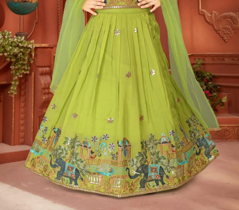 Parot Green - Elephant Embroidered Lehenga Choli