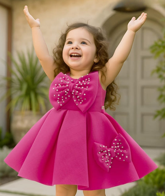 Magenta Pink Pearl Bow Party Short Frock