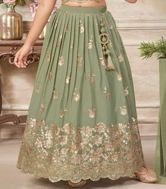 Pista Green Lehenga Choli with Golden Embroidery