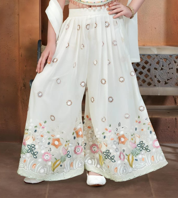 Off White Floral Embroidered Palazzo Set