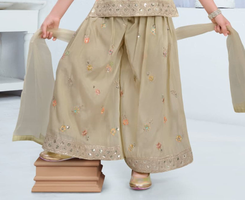 Antique Gold Embroidered Top & Sharara Set | Kids Ethnic Outfit for Girls
