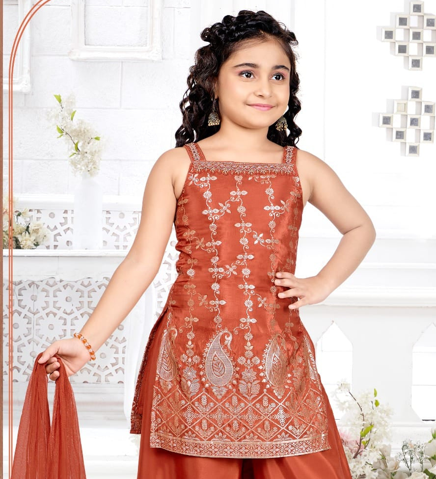 Rust Copper Embroidered Kurti Palazzo Set | Kids Ethnic Outfit for Girls