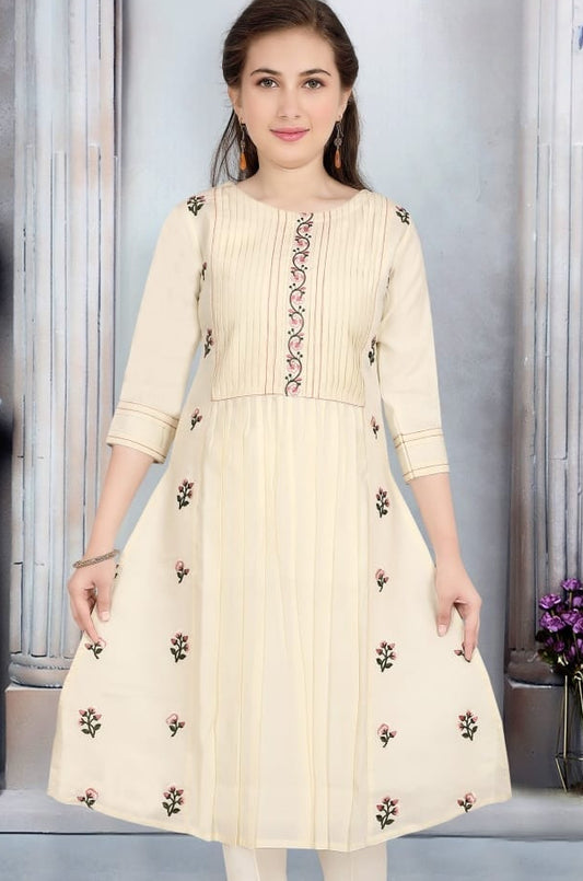 Ivory Cream Blossom Embroidered Salwar Suit | Kids Ethnic Outfit for Girls