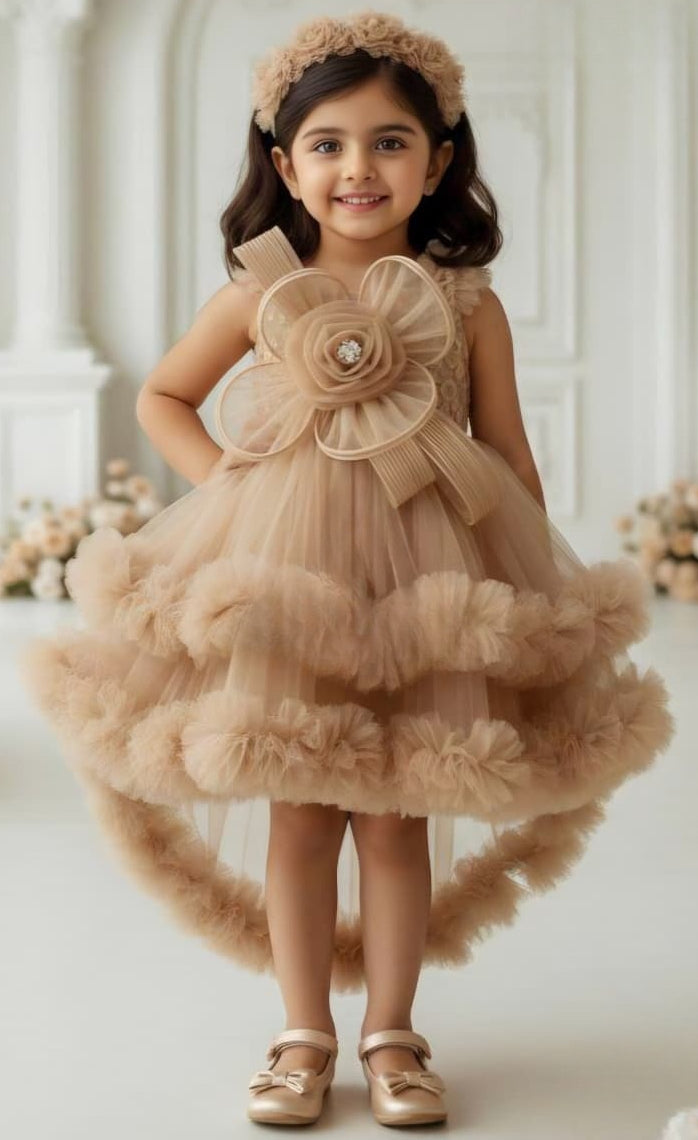 Champagne Brown Rose Royal Couture Short Frock | Party Wear Kids Dress for Girls