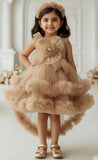 Champagne Brown Rose Royal Couture Short Frock | Party Wear Kids Dress for Girls