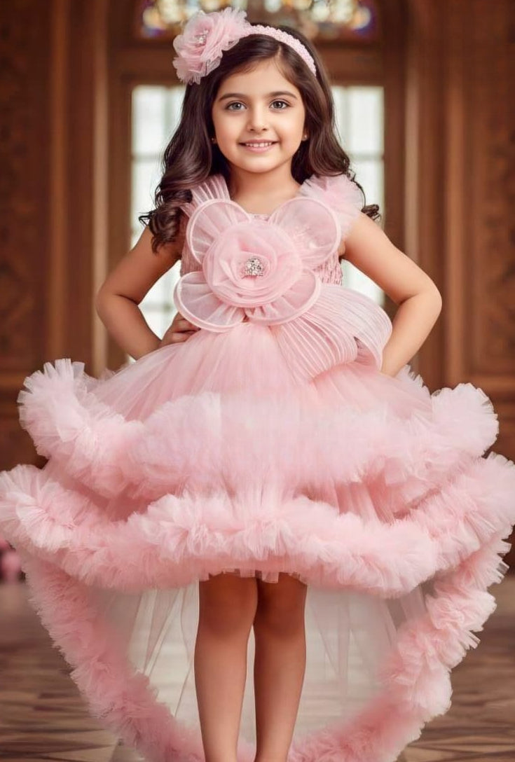 Blush Peach Rose Royal Couture Short Frock | Party Wear Kids Dress for Girls