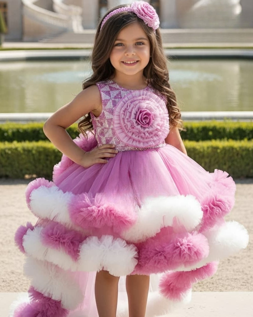 Blush Pink Royale Grand Bloom Couture Short Frock | Party Wear Kids Dress for Girls