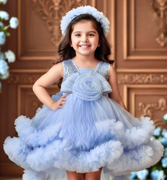 Baby Girls Blue Party Short Frock | High-Low Birthday Dress for Kids