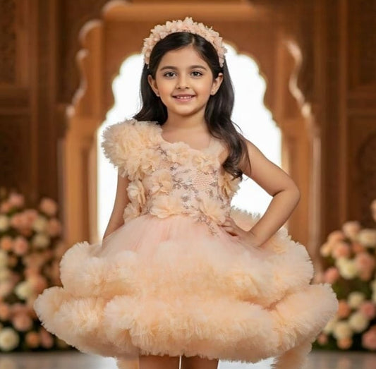 Baby Girls Peach Party Short Frock | High-Low Birthday Dress for Kids