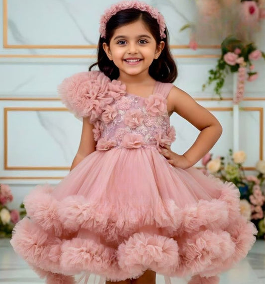 Baby Girls Dusty Rose Party Short Frock | High-Low Birthday Dress for Kids