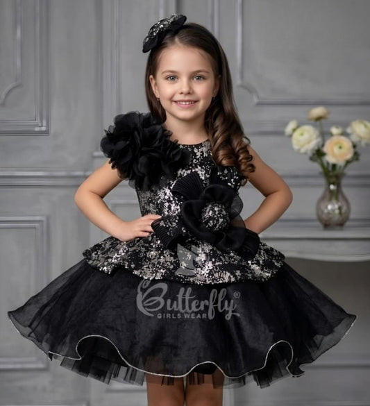 Girls Black Sequin Floral Designer Dress | Party Wear Frock for Kids