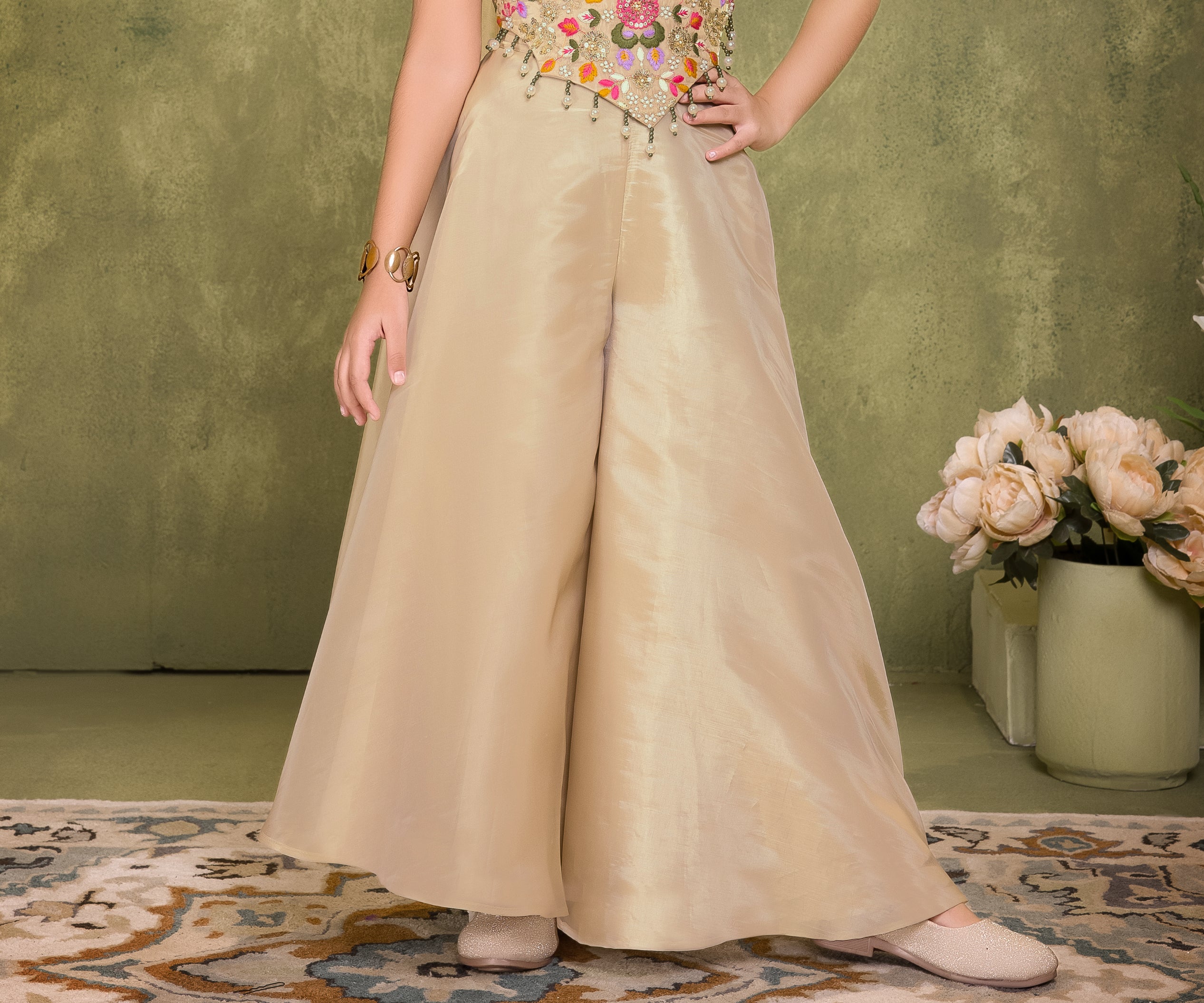 Cream Palazzo Set with Multicolour Embroidered Top