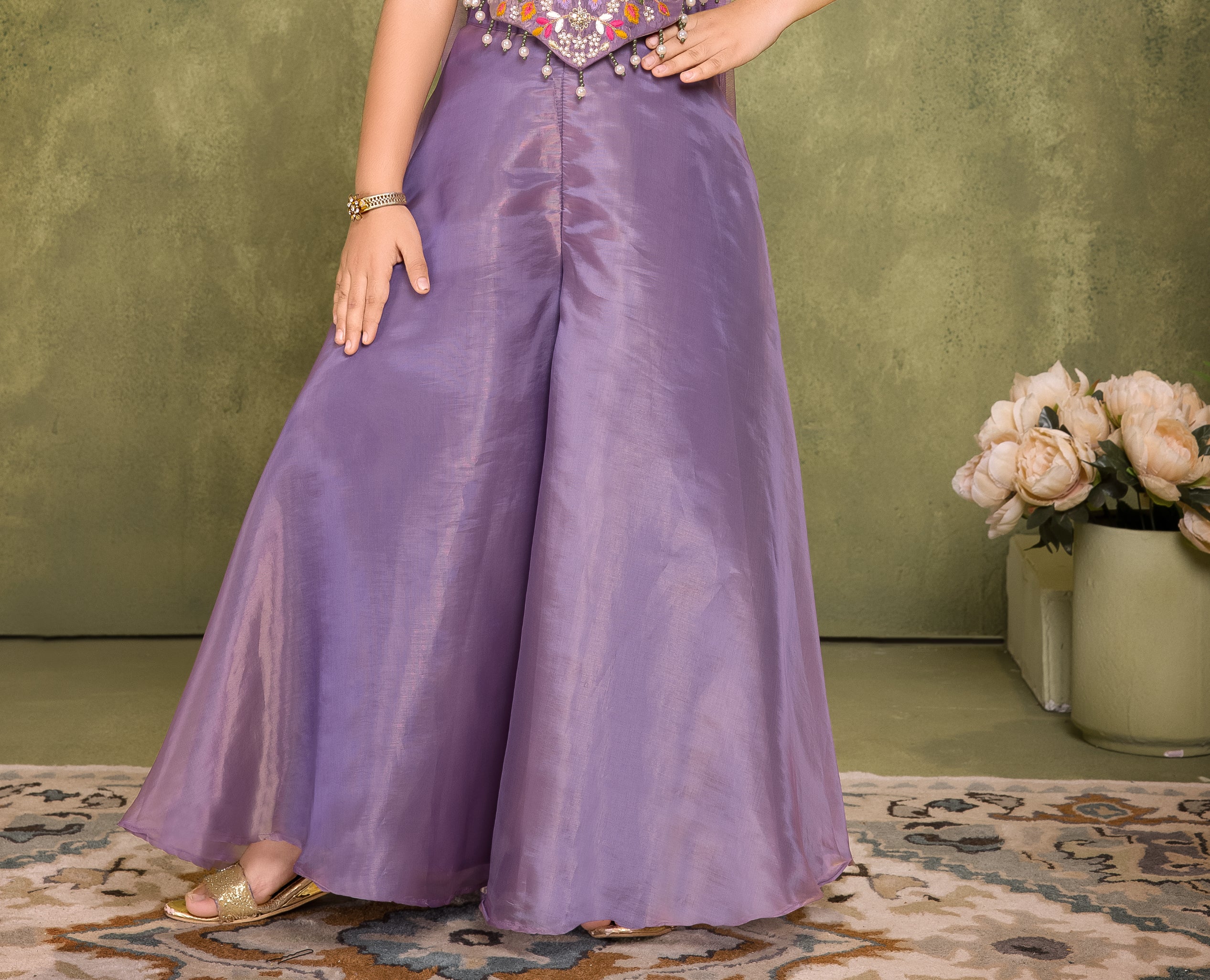 Lavender Palazzo Set with Multicolour Embroidered Top