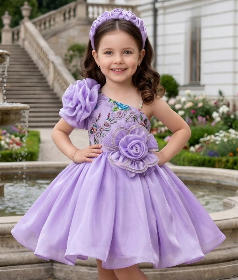 Girls Lavender One Shoulder Floral Short Frock | Party Wear Dress For Kids